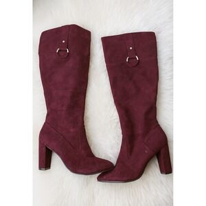 Jones NY sz 6 Womens Maroon Gold Suede Knee High Zip Pointed Heeled Boots Chic